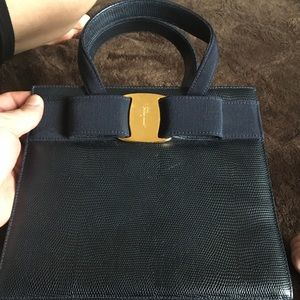 FERRAGAMO Vara Ribbon Blue Leather Hand Bag Purse